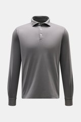 Front view of Fedeli Jersey Longsleeve Polo Shirt 'Zero' grey, soft and silky pure Giza cotton jersey with tailored collar, mother-of-pearl buttons, slim fit, sport cuffs, garment dyed, and side hem slits.