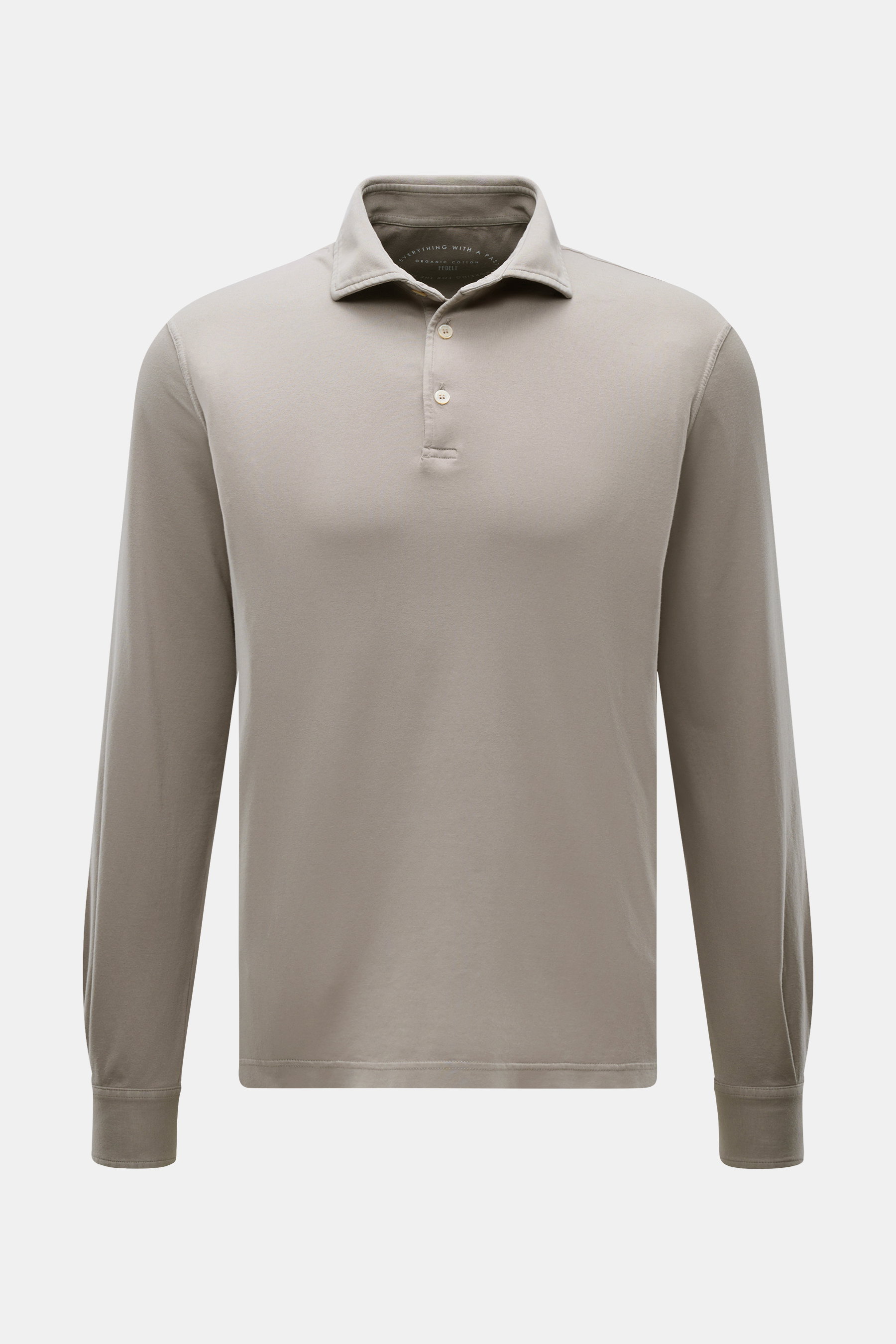 Front view of the Fedeli Jersey Longsleeve Polo Shirt 'Zero' taupe, slim fit with tailored collar, mother-of-pearl buttons, made from soft, sustainable Giza organic cotton jersey. Soft and silky touch: pure Giza cotton – processed into comfortable jersey 