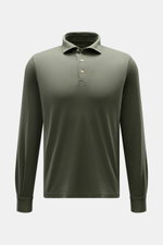 Fedeli Jersey Longsleeve-Poloshirt 'Zero' graugrün, frontal von oben, aus sanfter Giza-Bio-Baumwolle mit Perlmuttknöpfen, Slim Fit, Polokragen, Sportmanschette.