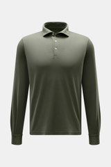 Fedeli Jersey Longsleeve-Poloshirt 'Zero' graugrün, frontal von oben, aus sanfter Giza-Bio-Baumwolle mit Perlmuttknöpfen, Slim Fit, Polokragen, Sportmanschette.