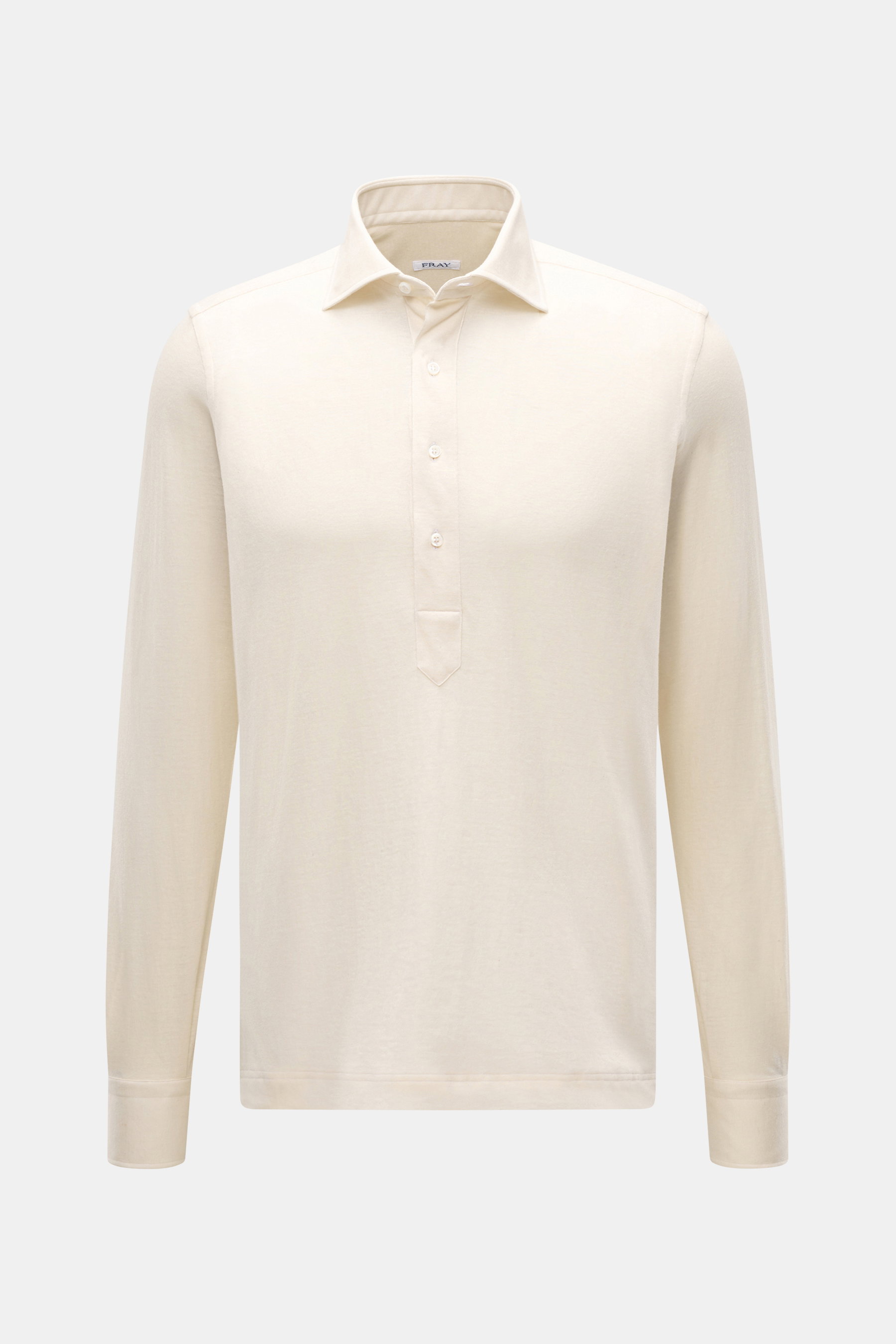 Front view of the Fray Jersey longsleeve polo shirt 'Parigi' cream, featuring a mix of cotton and cashmere, soft feel, regular fit, classic polo collar, four-button placket, and classic sport cuff.