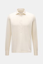 Front view of the Fray Jersey longsleeve polo shirt 'Parigi' cream, featuring a mix of cotton and cashmere, soft feel, regular fit, classic polo collar, four-button placket, and classic sport cuff.