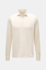 Front view of the Fray Jersey longsleeve polo shirt 'Parigi' cream, featuring a mix of cotton and cashmere, soft feel, regular fit, classic polo collar, four-button placket, and classic sport cuff.