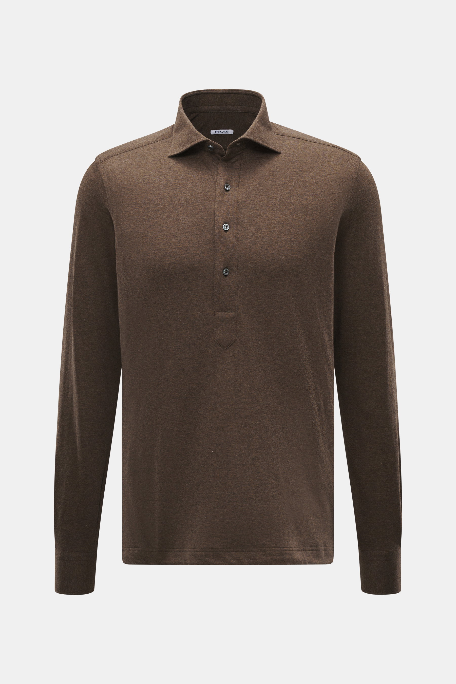 Front view of the Fray Jersey longsleeve polo shirt 'Parigi' brown melange, mix of cotton and cashmere, soft feel, regular fit, classic polo collar, four-button placket, classic sport cuff.