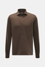Front view of the Fray Jersey longsleeve polo shirt 'Parigi' brown melange, mix of cotton and cashmere, soft feel, regular fit, classic polo collar, four-button placket, classic sport cuff.