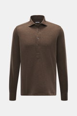 Front view of the Fray Jersey longsleeve polo shirt 'Parigi' brown melange, mix of cotton and cashmere, soft feel, regular fit, classic polo collar, four-button placket, classic sport cuff.