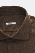 Close-up front view of the Fray Jersey longsleeve polo shirt 'Parigi' brown melange showing classic polo collar, four-button placket, regular fit, soft feel, mix of cotton and cashmere, and classic sport cuff.