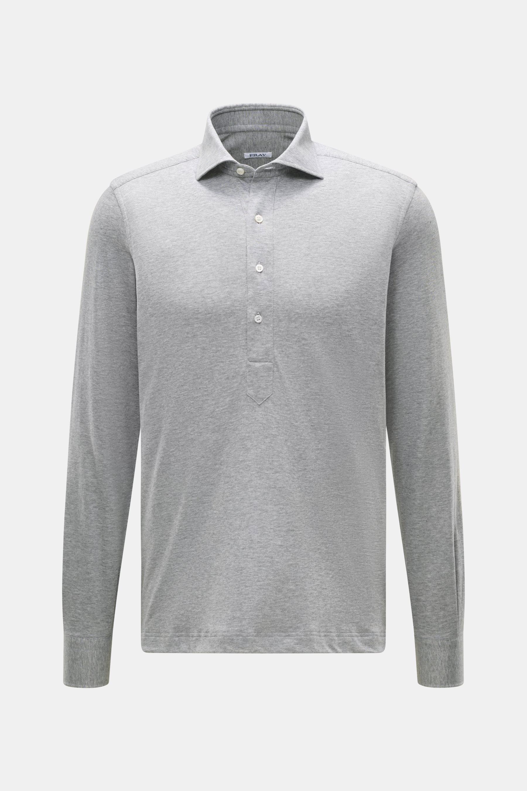 Front view of Fray Jersey longsleeve polo shirt 'Parigi' grey melange, mix of cotton and cashmere, soft feel, regular fit, classic polo collar, four-button placket, classic sport cuff.