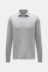 Front view of Fray Jersey longsleeve polo shirt 'Parigi' grey melange, mix of cotton and cashmere, soft feel, regular fit, classic polo collar, four-button placket, classic sport cuff.