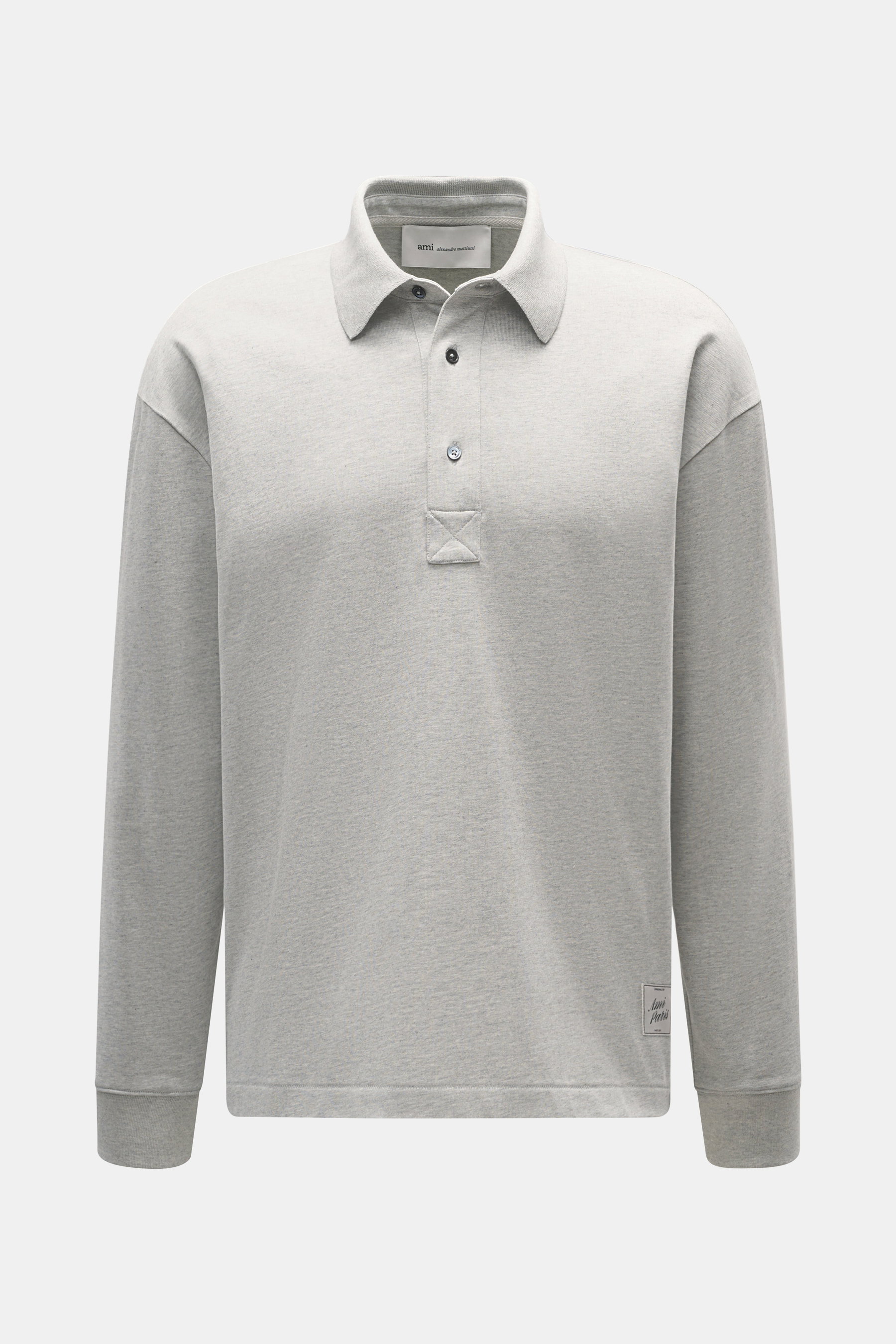 Front view of Ami Paris Jersey longsleeve polo shirt grey melange with oversized fit, tailored collar, three-button placket, and logo stitching.

Description: 
<p>Contemporary casualness: With its generous oversized fit, the long sleeve polo shirt from AM