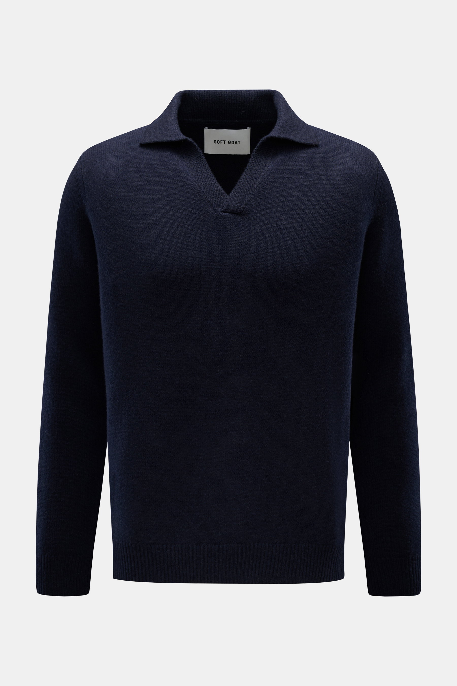 Front view of Soft Goat Cashmere knit polo navy in long sleeve, featuring open collar placket, ribbed bands, and medium-fine knit.

Description:  
<p>Pared down to the essentials: This long sleeve knit polo in pure cashmere by SOFT GOAT has a simple desig
