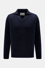 Front view of Soft Goat Cashmere knit polo navy in long sleeve, featuring open collar placket, ribbed bands, and medium-fine knit.

Description:  
<p>Pared down to the essentials: This long sleeve knit polo in pure cashmere by SOFT GOAT has a simple desig