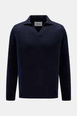 Front view of Soft Goat Cashmere knit polo navy in long sleeve, featuring open collar placket, ribbed bands, and medium-fine knit.

Description:  
<p>Pared down to the essentials: This long sleeve knit polo in pure cashmere by SOFT GOAT has a simple desig