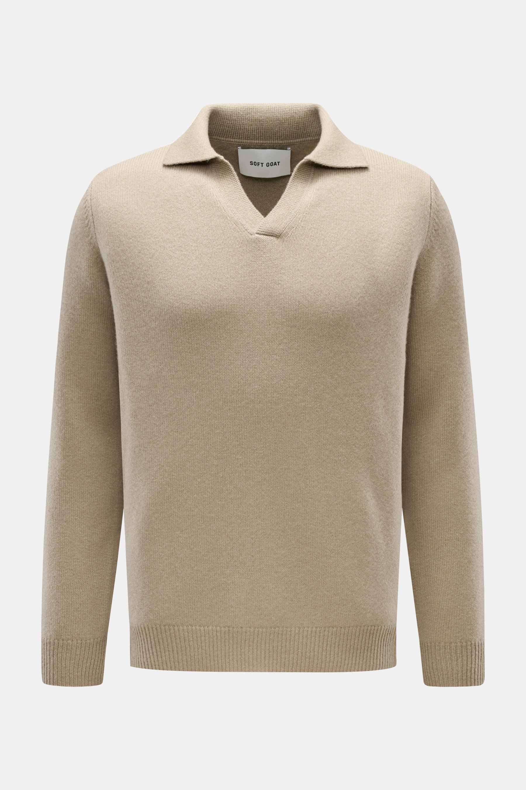 Front view of Soft Goat Cashmere knit polo khaki in pure cashmere with open collar placket, ribbed bands, medium-fine knit, and regular fit.

Description:  
<p>Pared down to the essentials: This long sleeve knit polo in pure cashmere by SOFT GOAT has a si