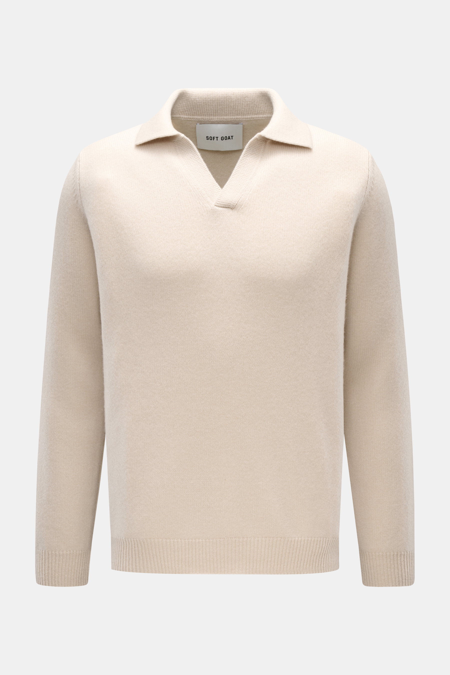 Soft Goat Cashmere knit polo beige shown from the front, long sleeve with open collar placket, pure cashmere, very soft feel, medium-fine knit, regular fit, comfortable ribbed bands. Pared down to the essentials: This long sleeve knit polo in pure cashmer