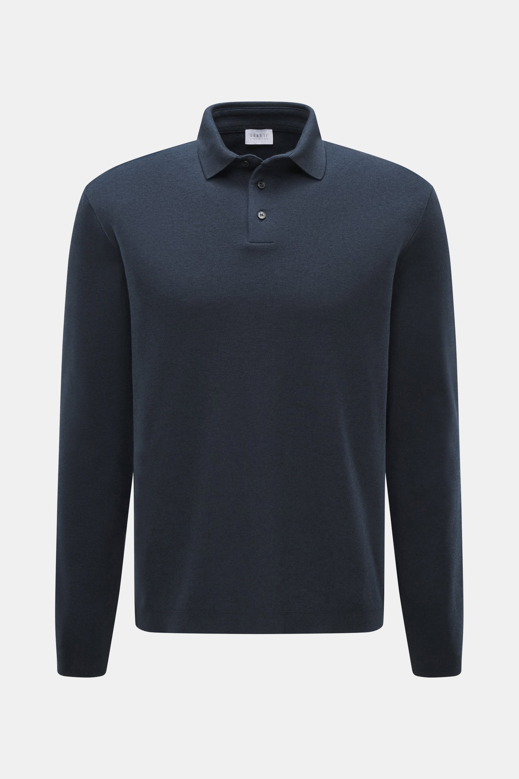 Vorderansicht des 04651/ A trip in a bag Longsleeve-Poloshirt 'Wool TP Polo LS' navy aus Jersey Baumwolle und Wolle, Regular Fit, strukturierter Griff, klassischer Polokragen, Drei-Knopf-Leiste, kleines Weblabel in der Seitennaht, komfortable Rippbündchen