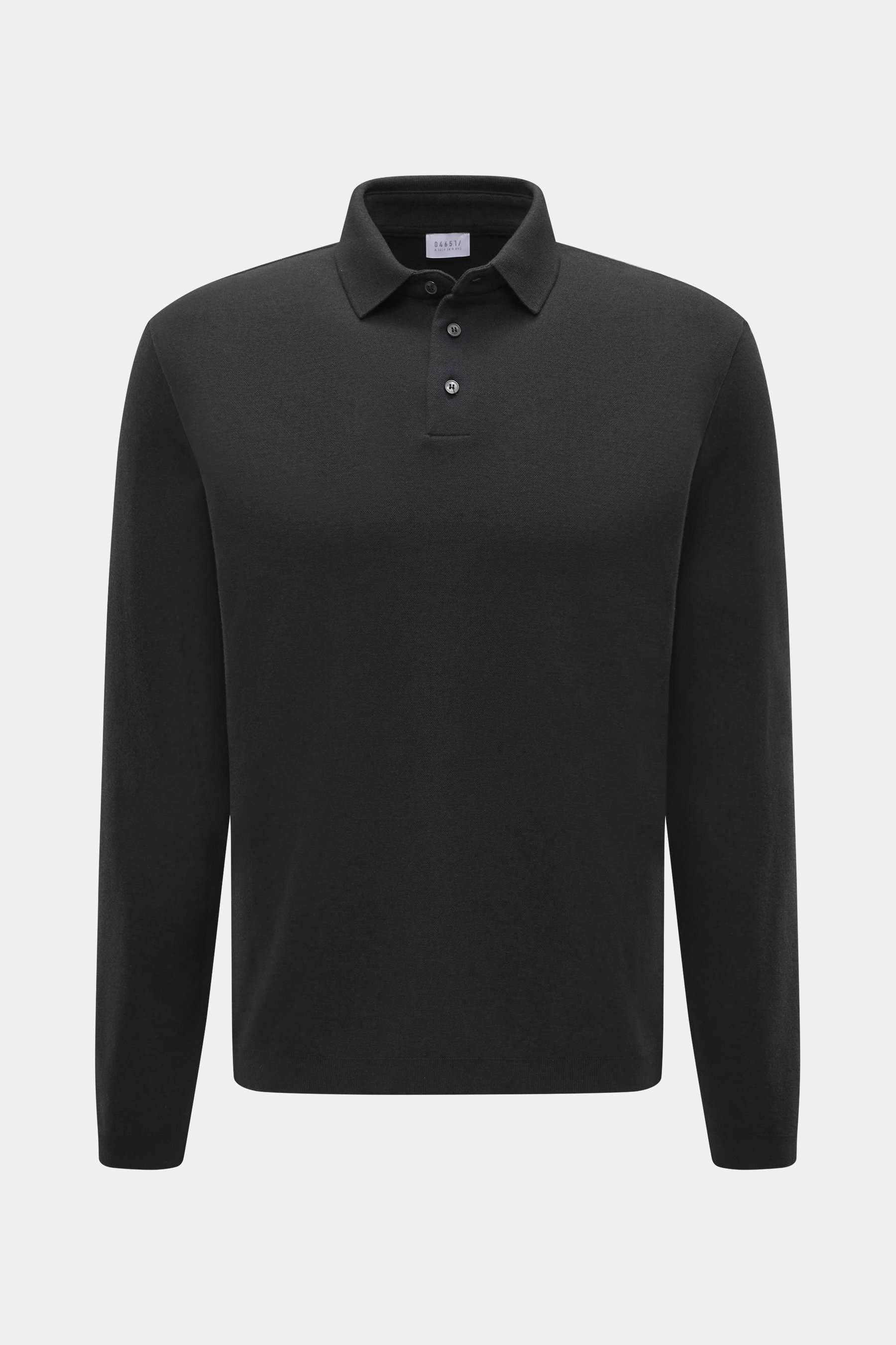 04651/ A trip in a bag Longsleeve-Poloshirt 'Wool TP Polo LS' schwarz, Frontaufnahme, Jersey aus Baumwolle und Wolle, strukturierter Griff, Regular Fit, klassischer Polokragen, Drei-Knopf-Leiste, kleines Weblabel in der Seitennaht, komfortable Rippbündche