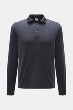 Frontale Nahaufnahme des navyfarbenen 04651/ A trip in a bag Longsleeve-Poloshirt 'WJ' mit klassischem Polokragen, Regular Fit, kurzem Saumschlitz, weichem Griff, Mix aus Wolle und Microfaser.