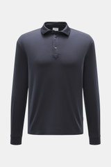Frontale Nahaufnahme des navyfarbenen 04651/ A trip in a bag Longsleeve-Poloshirt 'WJ' mit klassischem Polokragen, Regular Fit, kurzem Saumschlitz, weichem Griff, Mix aus Wolle und Microfaser.