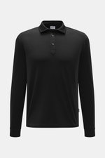 Front view of 04651/ A trip in a bag Longsleeve polo shirt 'WJ' black, made from a blend of wool and high-quality microfiber, soft touch, regular fit, classic polo collar, and short hem slits.