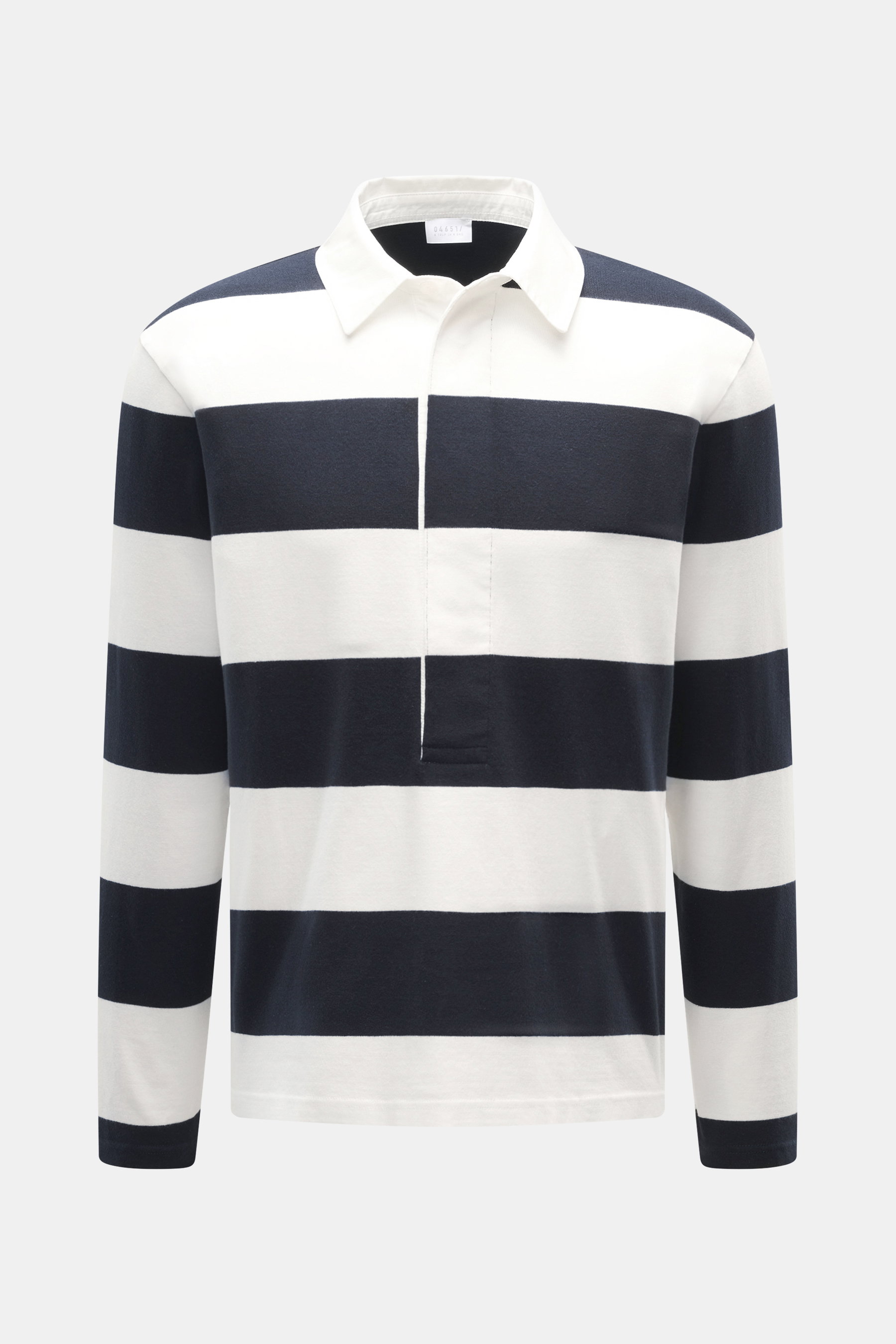 Front view of 04651/ A trip in a bag Jersey Long Sleeve Polo Shirt dark navy/white striped, jersey made of pure cotton, soft touch, heavy quality, block stripes, regular fit, fine polo collar, deep concealed three-button placket, small woven label in side