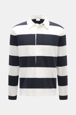 Front view of 04651/ A trip in a bag Jersey Long Sleeve Polo Shirt dark navy/white striped, jersey made of pure cotton, soft touch, heavy quality, block stripes, regular fit, fine polo collar, deep concealed three-button placket, small woven label in side