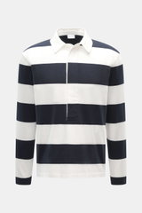 Front view of 04651/ A trip in a bag Jersey Long Sleeve Polo Shirt dark navy/white striped, jersey made of pure cotton, soft touch, heavy quality, block stripes, regular fit, fine polo collar, deep concealed three-button placket, small woven label in side