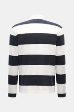 Back view of 04651/ A trip in a bag Jersey Long Sleeve Polo Shirt dark navy/white striped, regular fit, pure cotton jersey, soft touch, heavy quality, block stripes, fine polo collar, deep concealed three-button placket, small woven label in side seam.