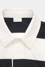 Close-up front view of the 04651/ A trip in a bag Jersey Long Sleeve Polo Shirt dark navy/white striped showing pure cotton jersey, soft touch, heavy quality, block stripes, regular fit, fine polo collar, deep concealed three-button placket, and small wov