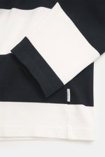 Close-up front view of the 04651/ A trip in a bag Jersey Long Sleeve Polo Shirt dark navy/white striped, showing block stripes, regular fit, jersey made of pure cotton, soft touch, heavy quality, fine polo collar, deep concealed three-button placket, and 