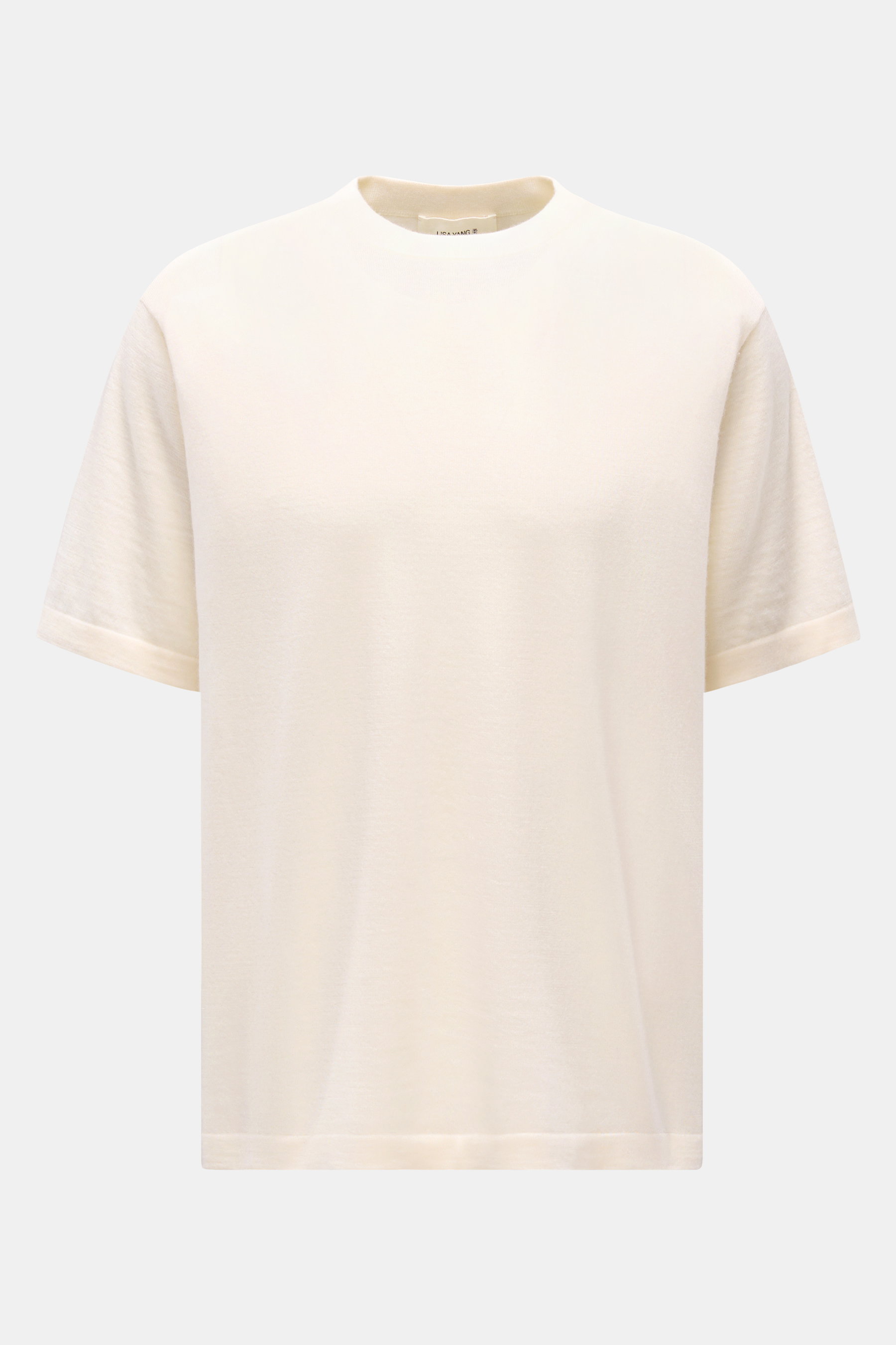 Lisa Yang Cashmere Kurzarm-Pullover "Ancell" creme, frontale Ansicht, weicher Griff, feines Strickbild, Regular Fit, Rundhalsausschnitt.