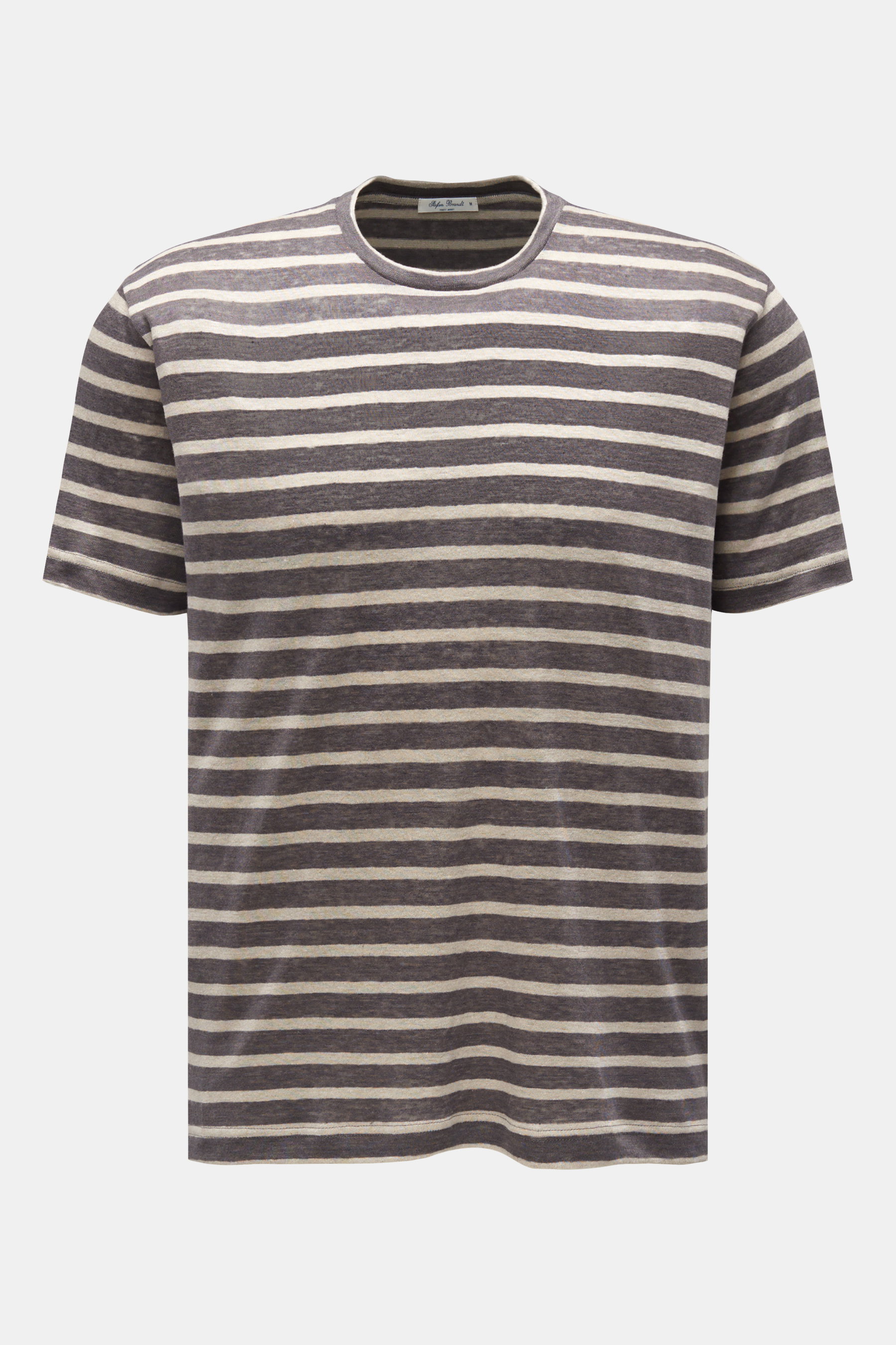 Stefan Brandt Leinen Rundhals-T-Shirt 'Enno' dunkelgrau/sand gestreift