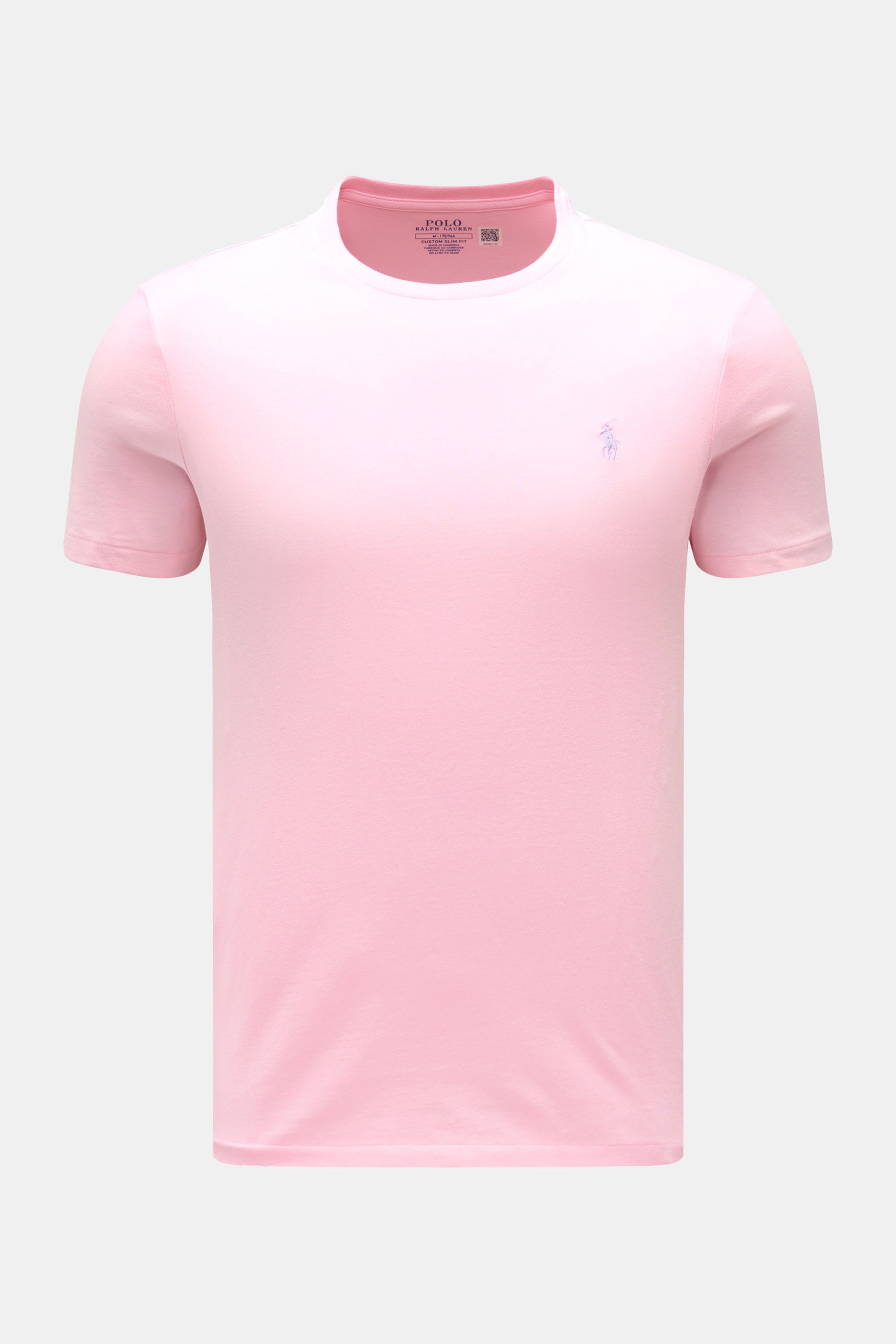 Ein rosé Polo Ralph Lauren Rundhals-T-Shirt aus Baumwoll-Jersey im Slim Fit, mit Polospieler-Stitching, frontal fotografiert.