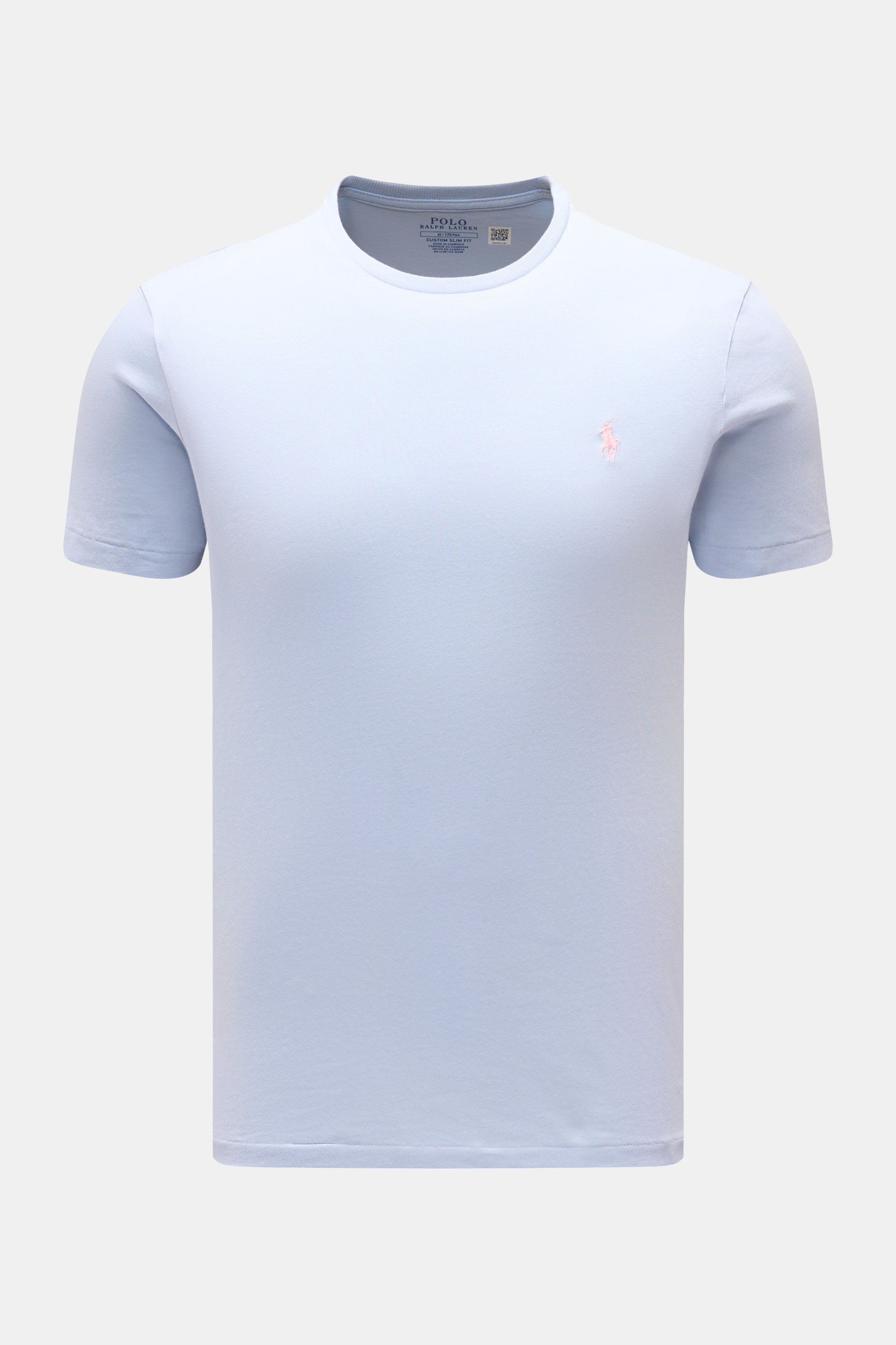 Polo Ralph Lauren Rundhals-T-Shirt hellblau aus Baumwoll-Jersey, weiche Qualität, Slim Fit, Frontansicht mit Polospieler-Stitching.