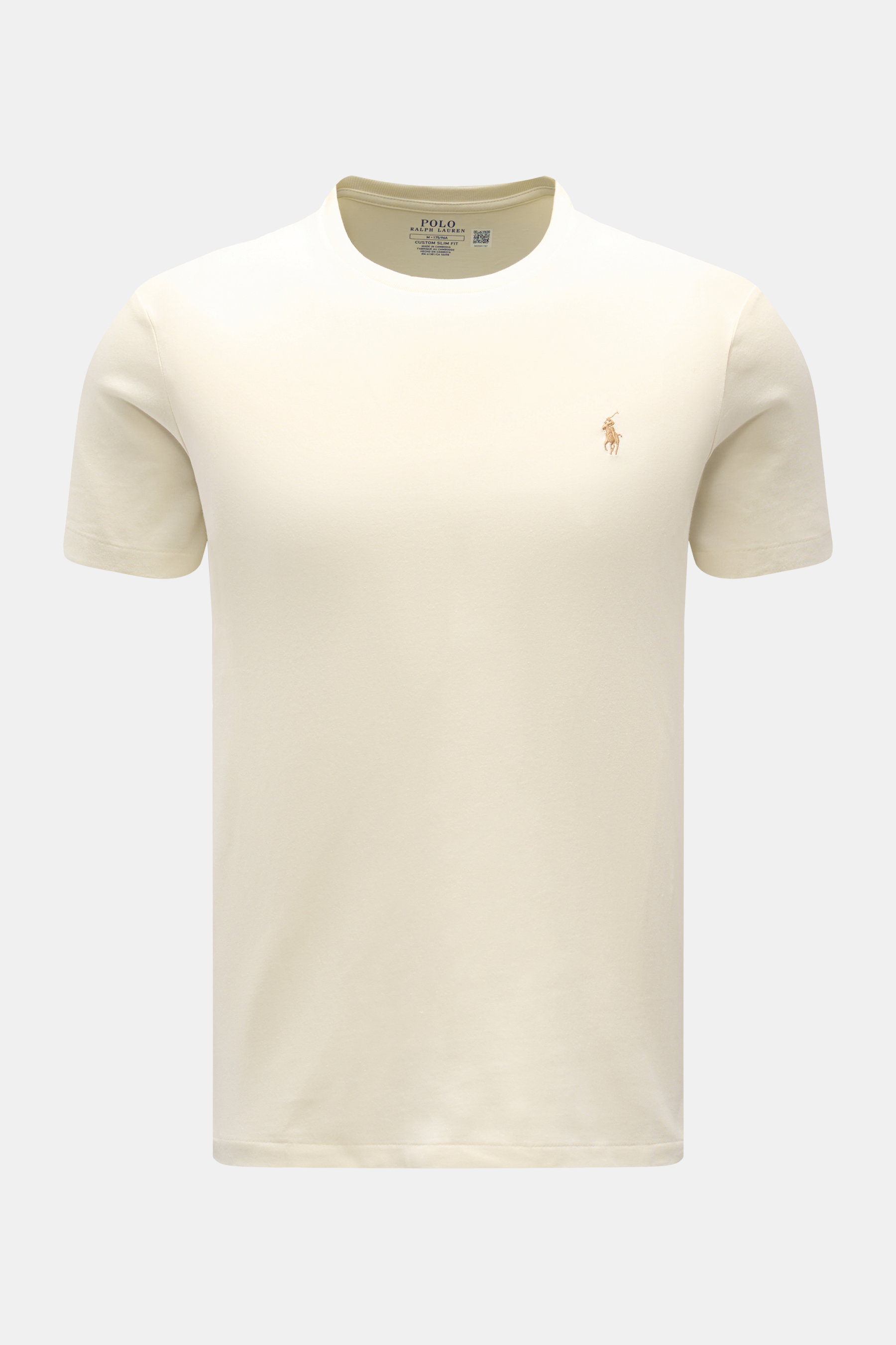 Polo Ralph Lauren Rundhals-T-Shirt pastellgelb, Slim Fit, weiche Baumwolle, von vorne fotografiert, mit Polospieler-Stitching.