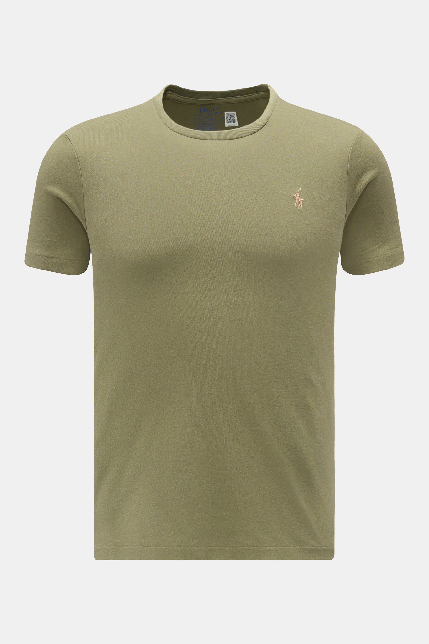 Polo Ralph Lauren Rundhals-T-Shirt oliv, Frontansicht, Slim Fit, Jersey aus reiner Baumwolle, weiche Qualität, Rundhalsausschnitt, Polospieler-Stitching.