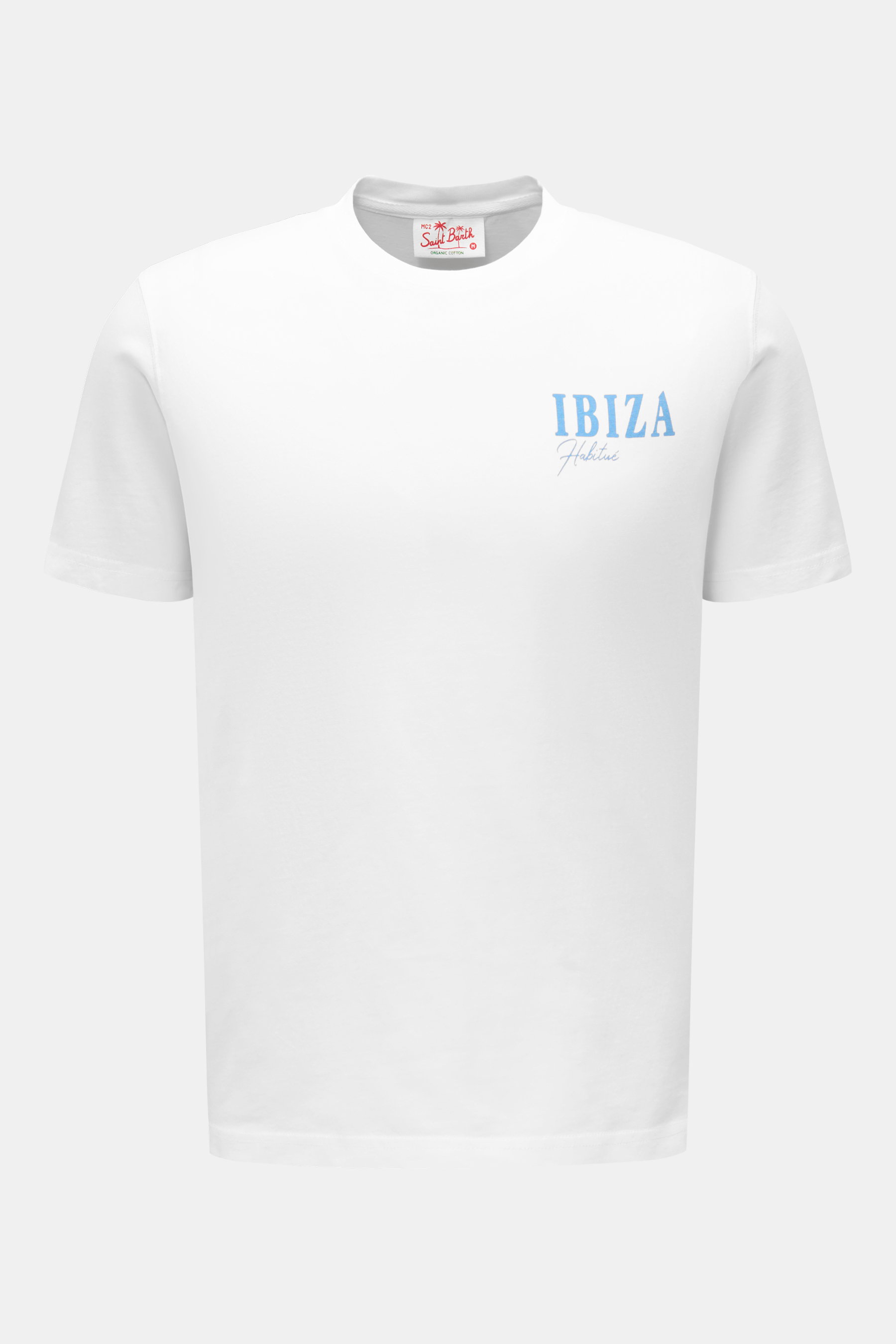 MC2 Saint Barth Rundhals-T-Shirt 'Ibiza' weiß, frontal fotografiert, weiche Baumwolle, Slim Fit, Rundhalsausschnitt, Ibiza-Print hinten, St. Barth-Stickerei am Ärmel.