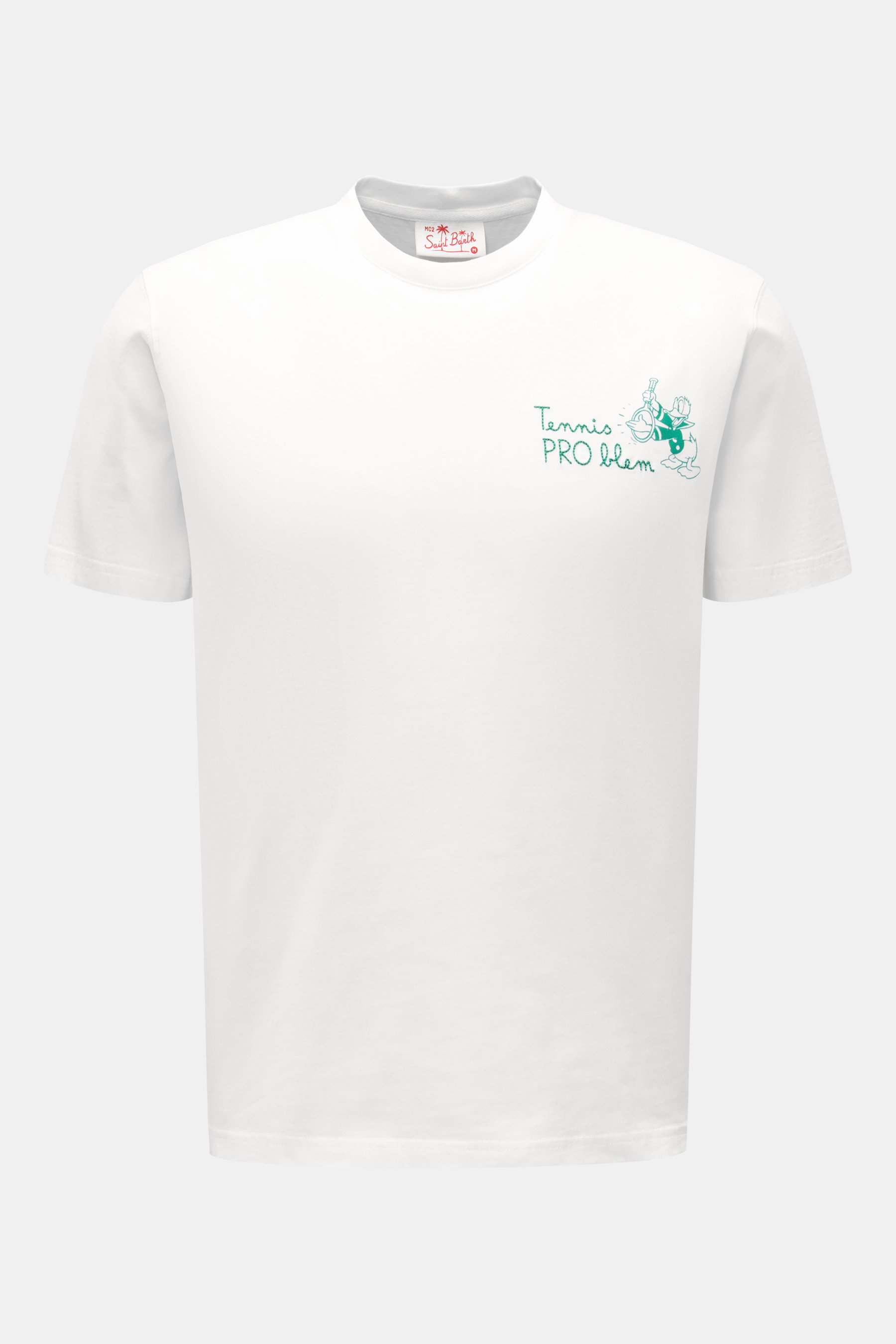 MC2 Saint Barth Rundhals-T-Shirt "Donald" weiß, frontale Ansicht, weiche Baumwolle, Slim Fit, Stickerei mit Donald-Print auf der Brust.