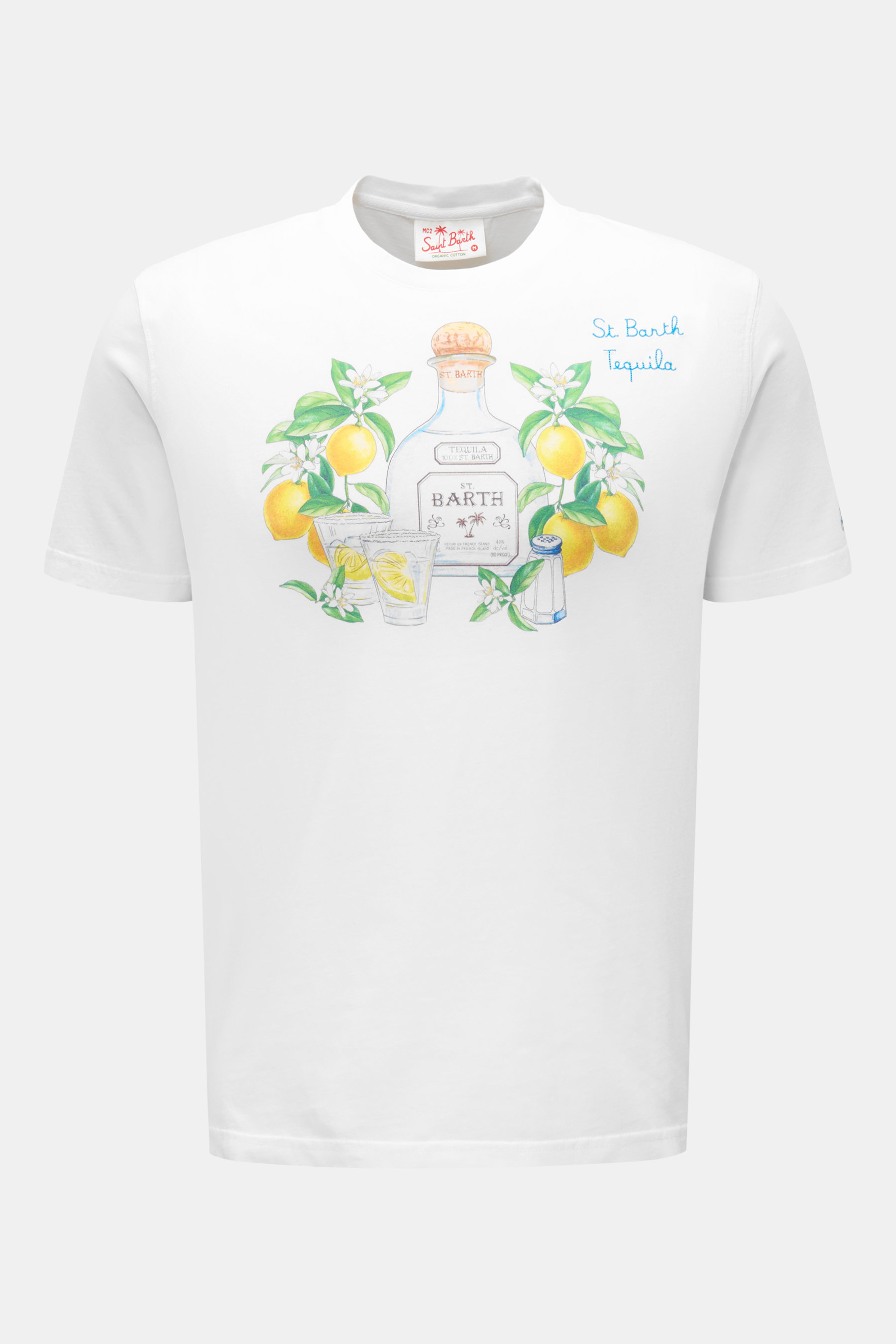 MC2 Saint Barth Rundhals-T-Shirt "Tequila" weiß, frontal fotografiert, weiche reine Baumwolle, Slim Fit, Tequila-Print und St. Barth-Stickerei am Ärmel.