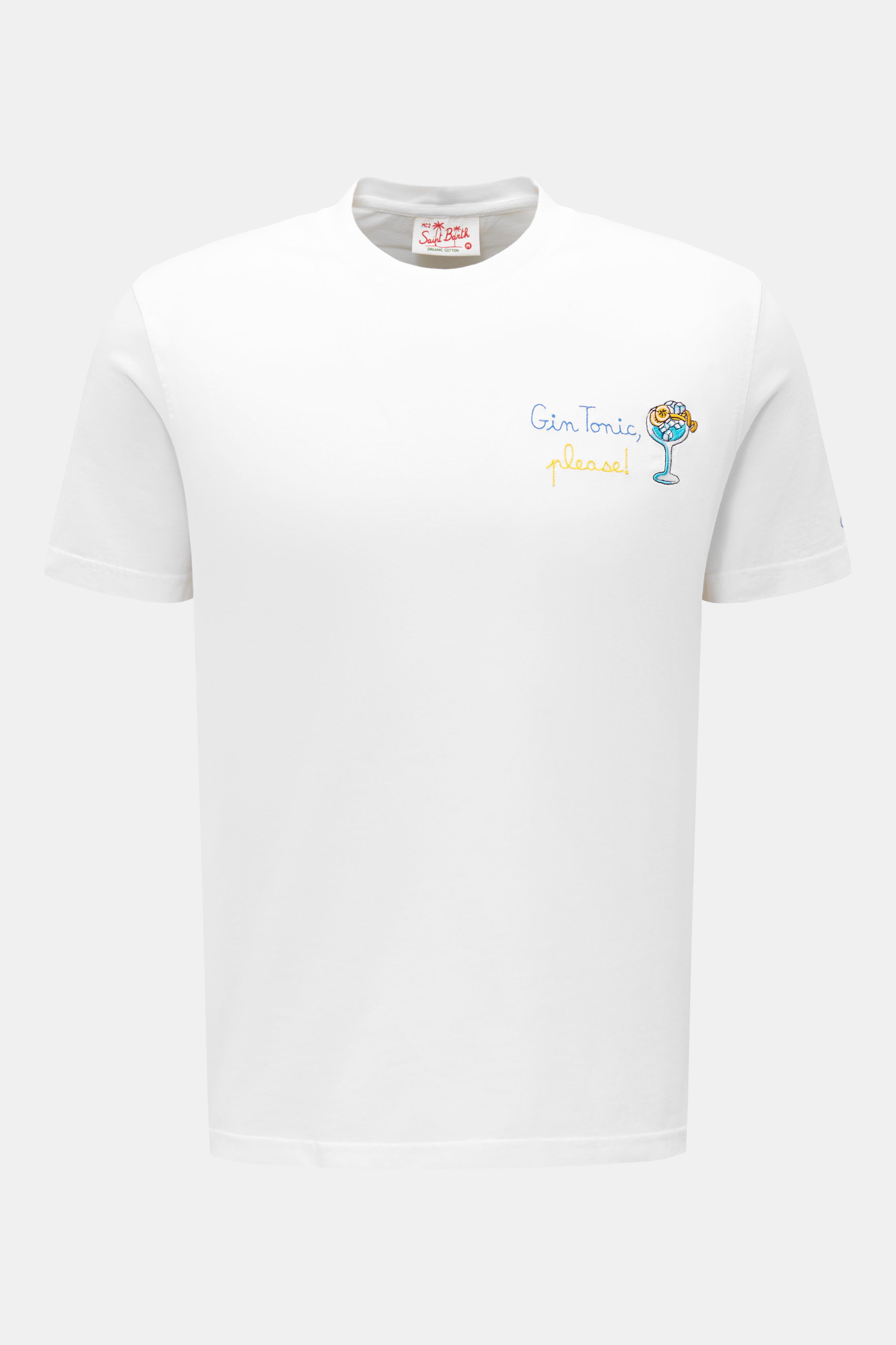 MC2 Saint Barth Rundhals-T-Shirt "Gin" weiß, Slim Fit aus reiner Baumwolle, weicher Griff, Front mit Gin Tonic-Stickerei, Ärmel mit Logo, Frontansicht.