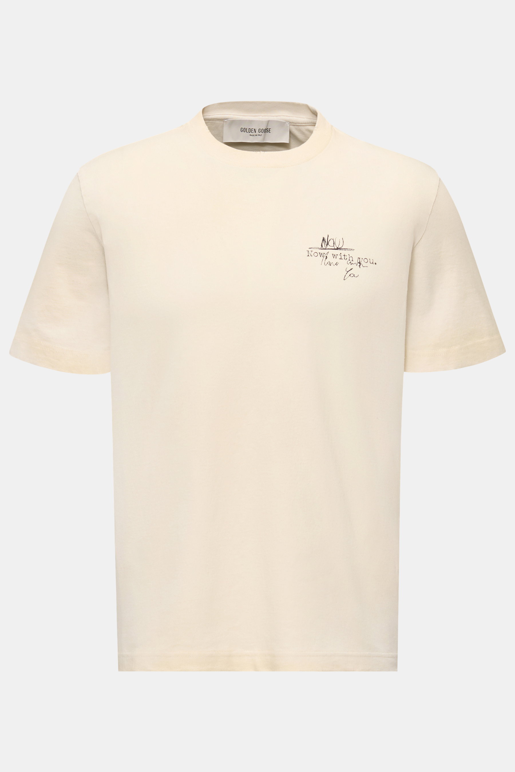 Golden Goose Rundhals-T-Shirt creme, Frontansicht, reines Baumwoll-Jersey mit kleinem Vintage-Print links oben, weicher Griff.
