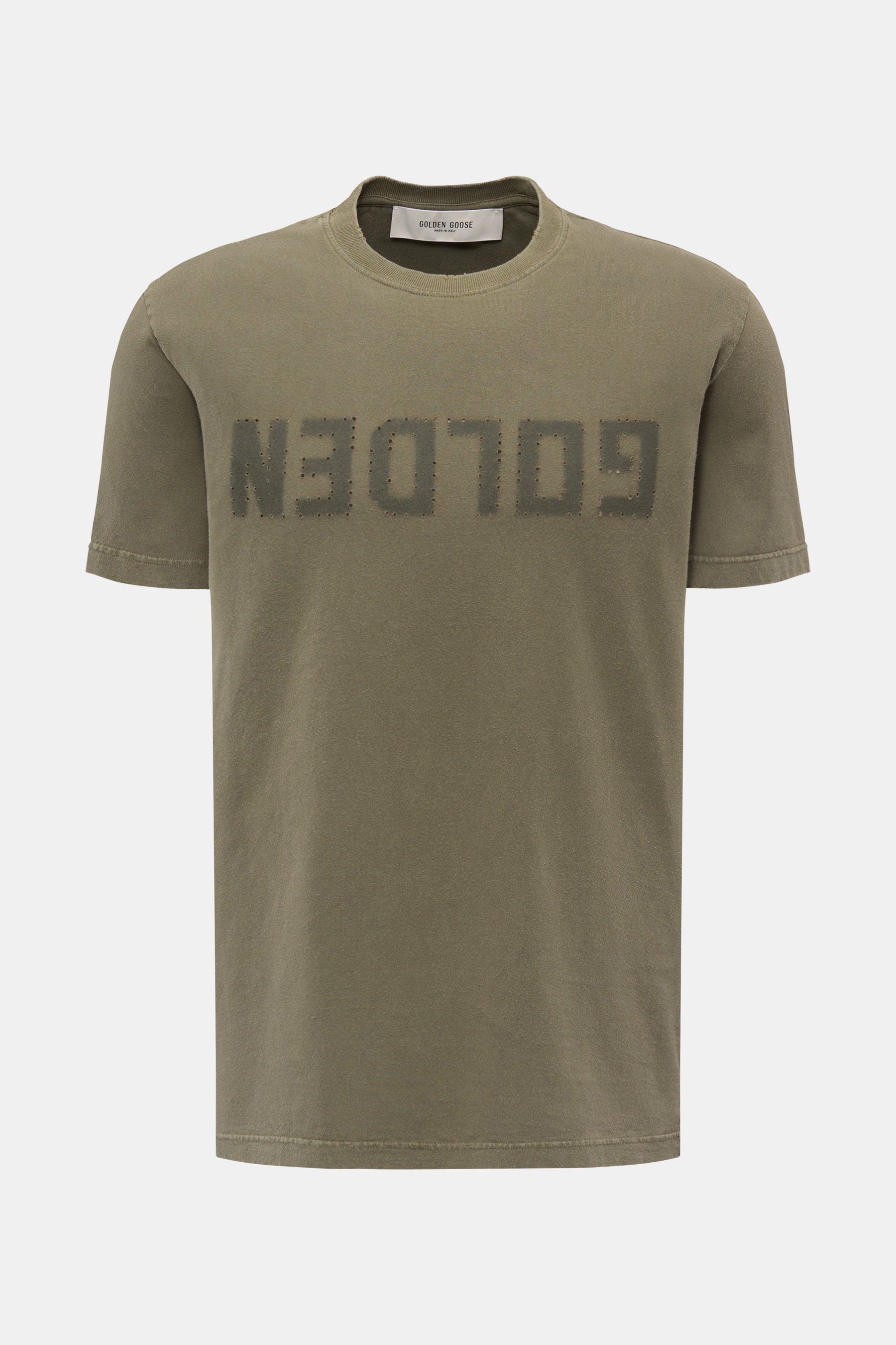 Golden Goose Rundhals-T-Shirt graugrün, Frontansicht, weicher Baumwoll-Jersey mit tonalem GOLDEN-Logo im Reserve-Dye, Regular Fit.
