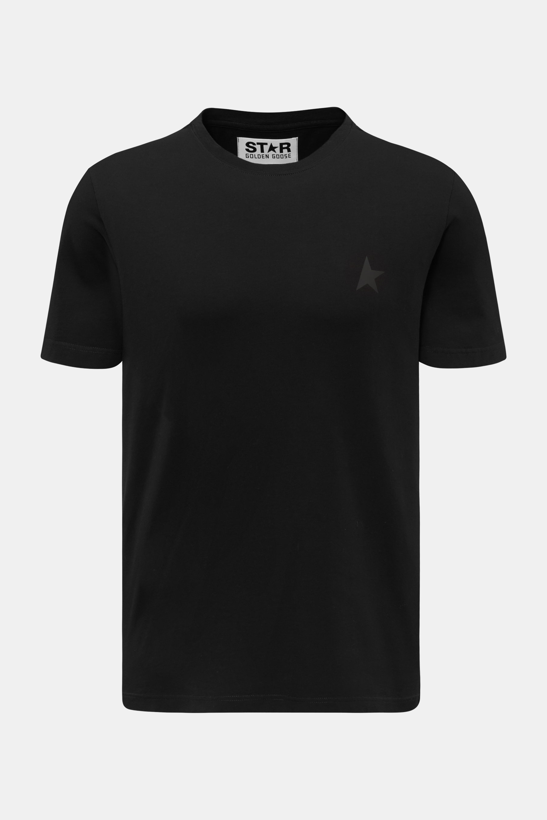 Front view of Golden Goose Crew neck T-shirt black in pure cotton jersey with subtle star logo print, crew neck, and regular fit.

<p>This T-shirt by GOLDEN GOOSE is exclusively Italian made and features the signature star logo on it’s cotton jersey fabri