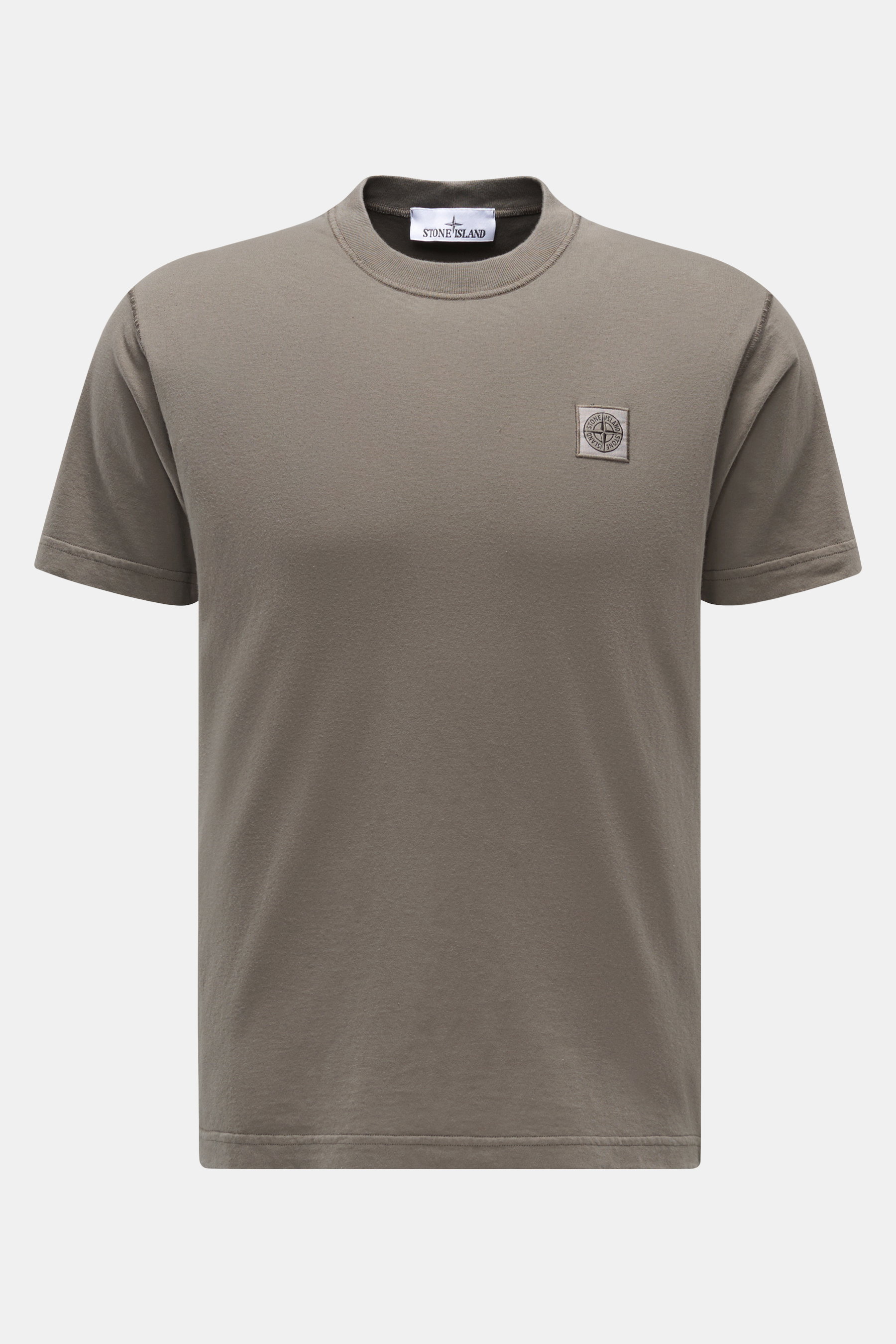 Stone Island Rundhals-T-Shirt graugrün, Slim Fit, aus Bio-Baumwolle, vorne fotografiert, mit Kompass-Logo, weicher Griff, Overlock-Nähte.