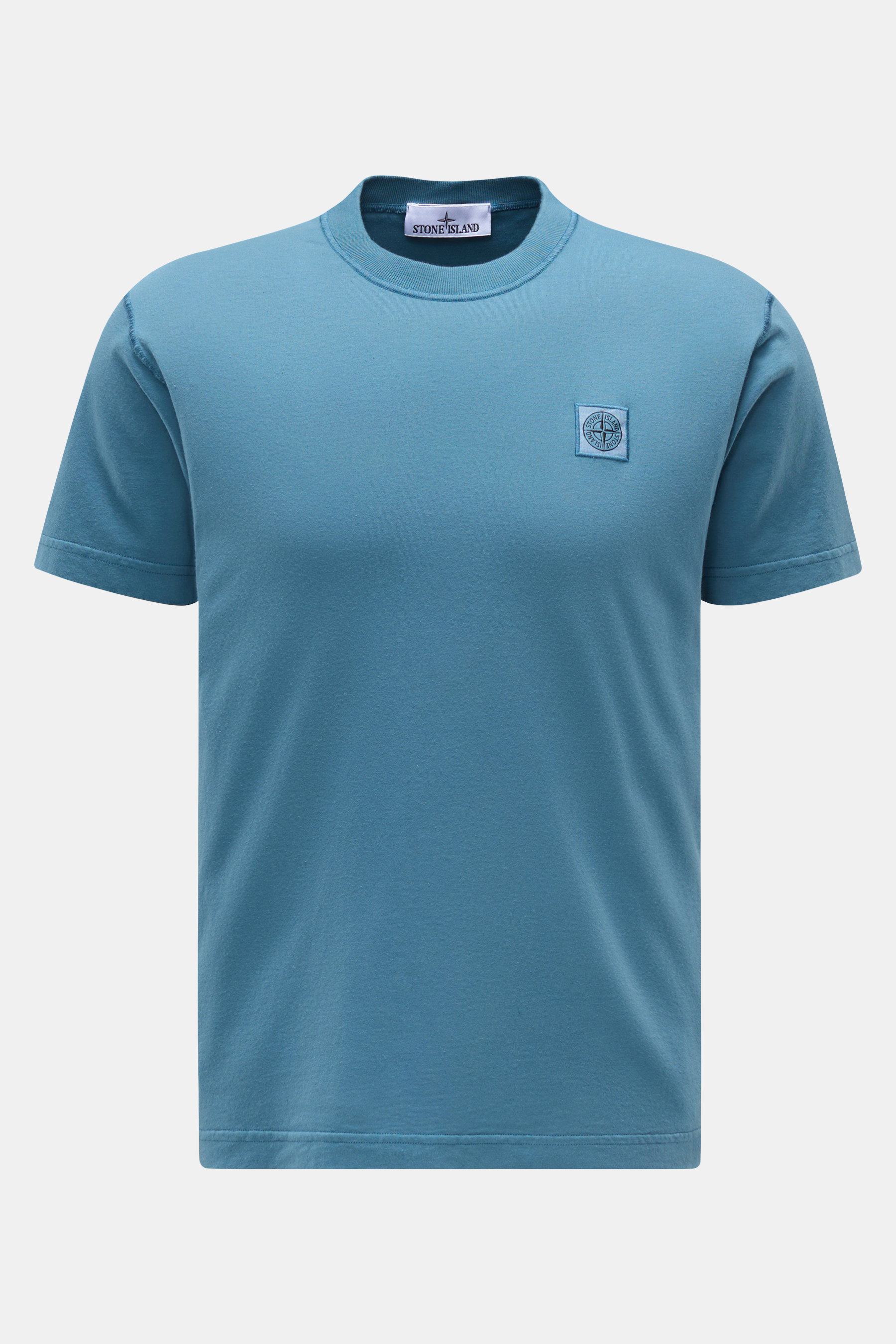 Stone Island Rundhals-T-Shirt rauchblau, frontale Ansicht, Bio-Baumwolle, weicher Griff, Slim Fit, Overlock-Nähte, Kompass-Logo, Weblabel.