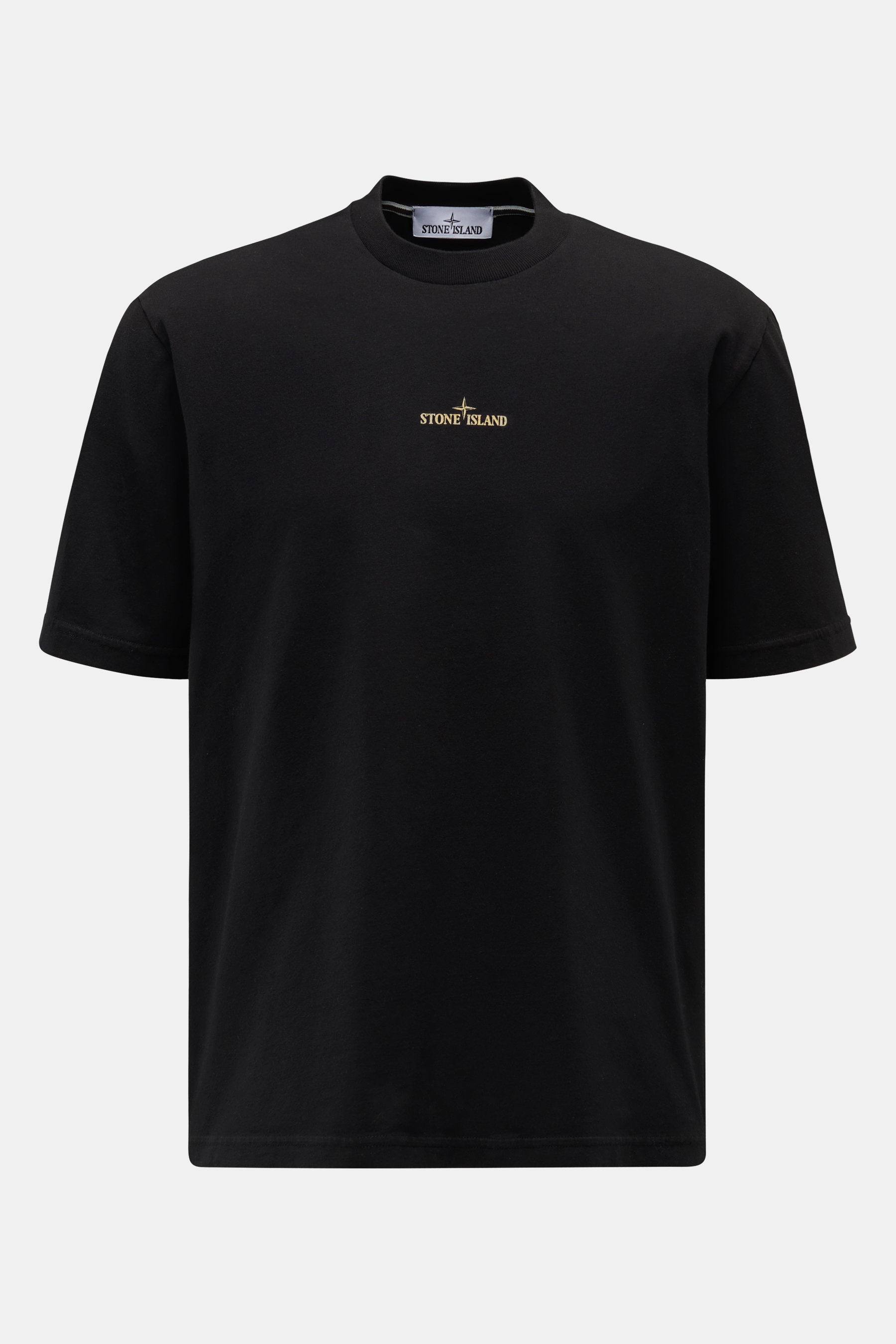 Stone Island Rundhals-T-Shirt 'Industrial Print' schwarz, Frontansicht, Baumwoll-Jersey, Regular Fit, Logo und Kompass-Print vorne