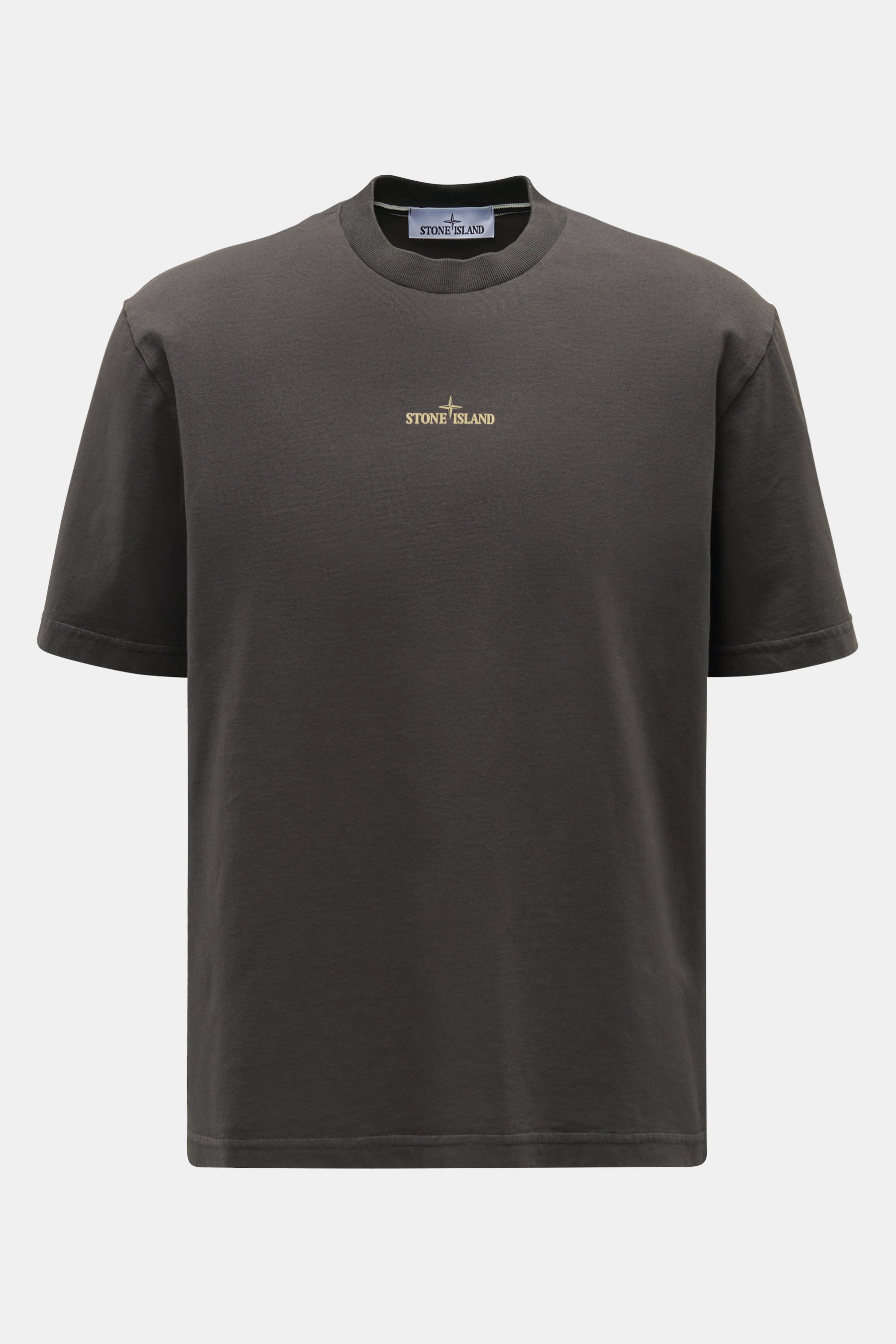 Stone Island Rundhals-T-Shirt 'Industrial Print' dunkelgrau, frontal fotografiert, Garment-dyed Baumwolle mit kleinem Kompass-Logo vorne.