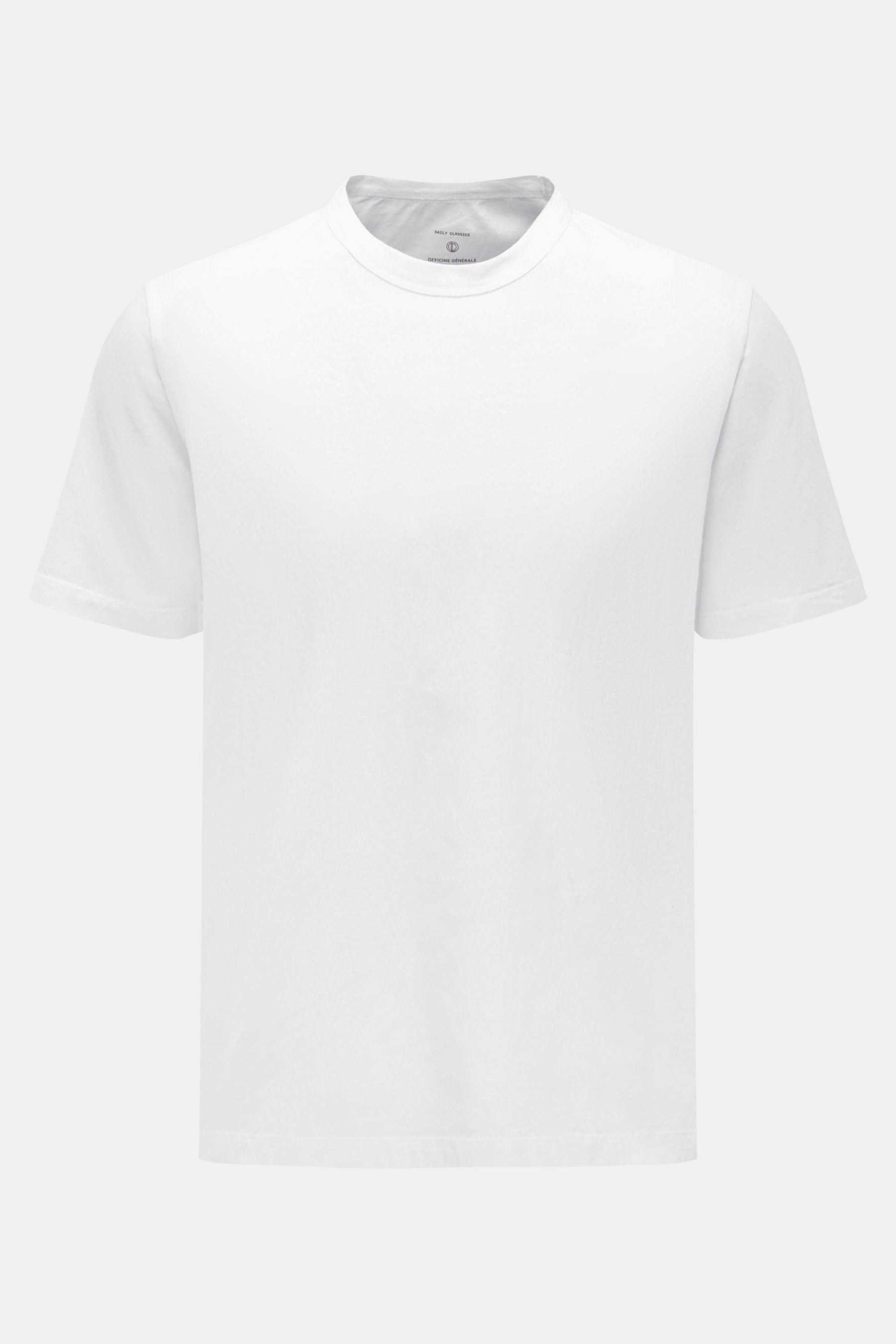 Officine Générale Rundhals-T-Shirt 'Cneck Tee' weiß, frontal fotografiert, Slim Fit, aus weichem Bio-Baumwolle-Jersey, Rundhalsausschnitt, sehr angenehme Haptik.