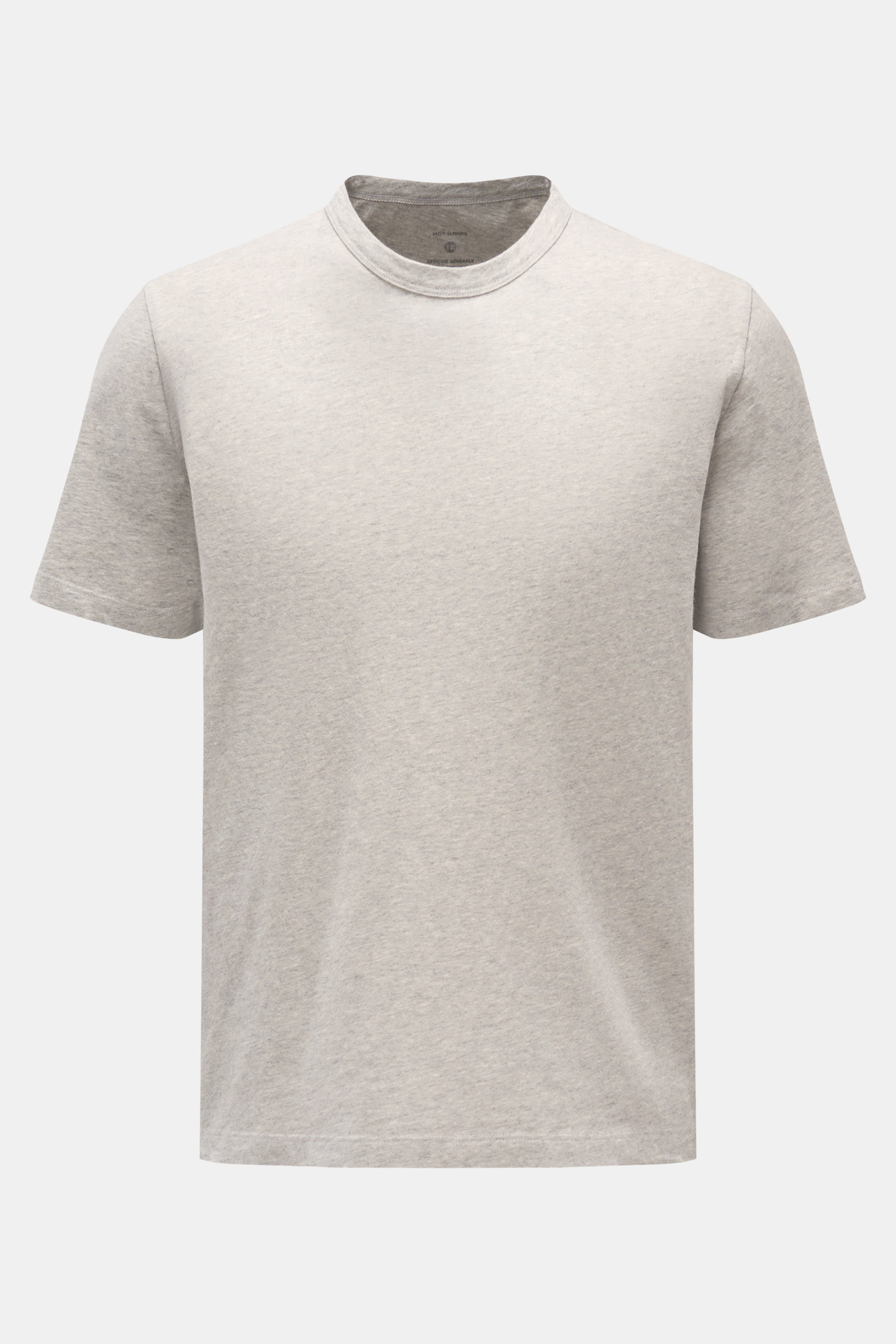 Officine Générale Rundhals-T-Shirt 'Cneck Tee' hellgrau meliert, slim fit, aus weicher Bio-Baumwolle, Frontansicht, Rundhalsausschnitt, angenehme Haptik.