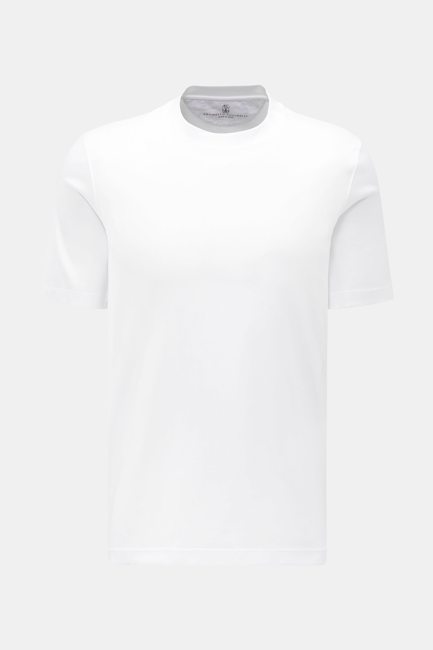 Brunello Cucinelli Rundhals-T-Shirt weiß, Slim Fit, aus weichem Baumwolljersey, kurze Saumschlitze, frontale Perspektive, edel und sportiv.